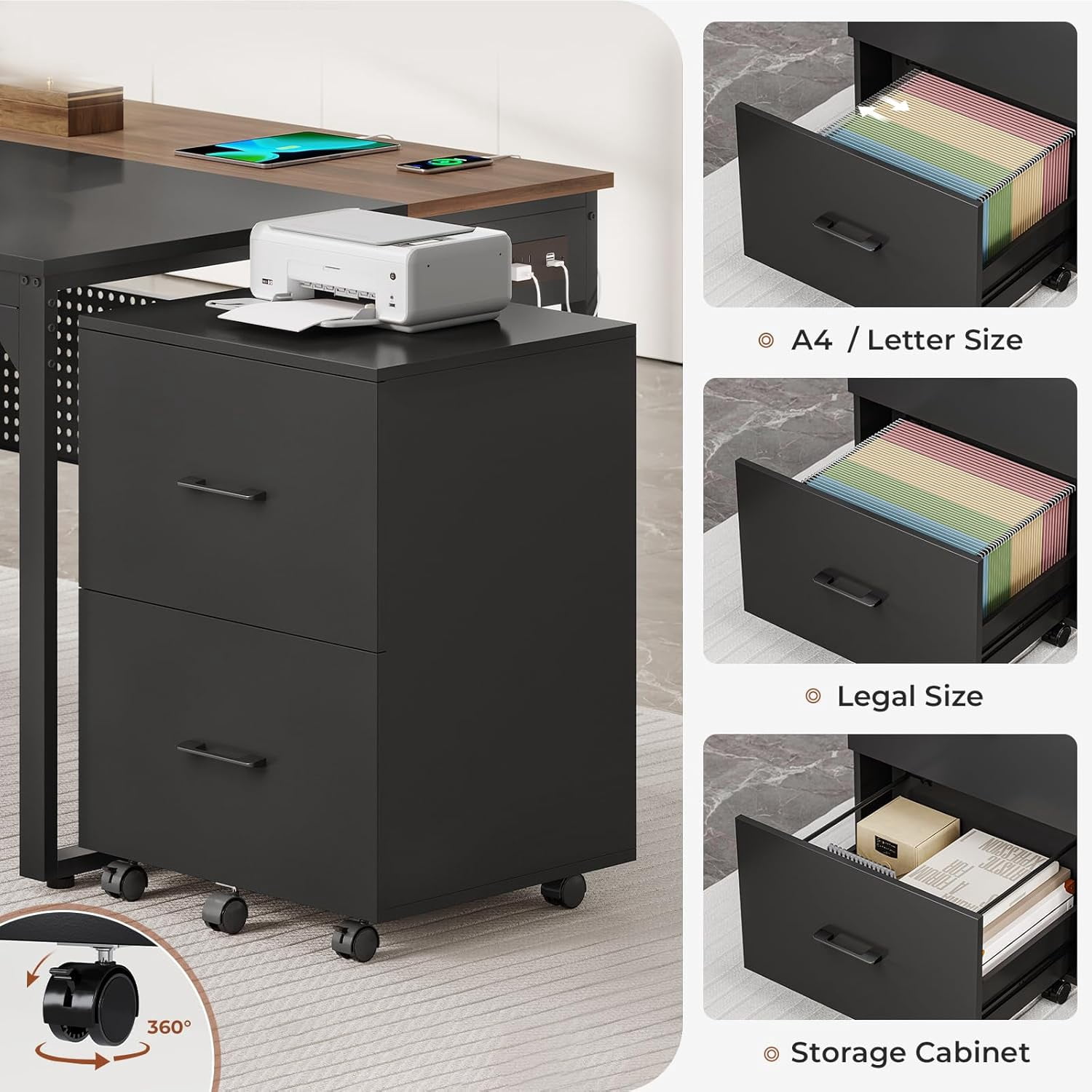 71" Executive Desk with Rolling File Cabinet, L Shaped Computer Desk with Power Outlets, Reversible Gaming Corner Desk with Drawers, Storage Shelves, Hooks for Home Office (Walnut)