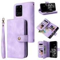 Compatible with Samsung Galaxy S20 Ultra Wallet Case, [6 Card Slots] Removable Adjustable Crossbody Necklace Lanyard Shoulder Strap Zipper PU Leather Case for Samsung Galaxy S20 Ultra,Purple