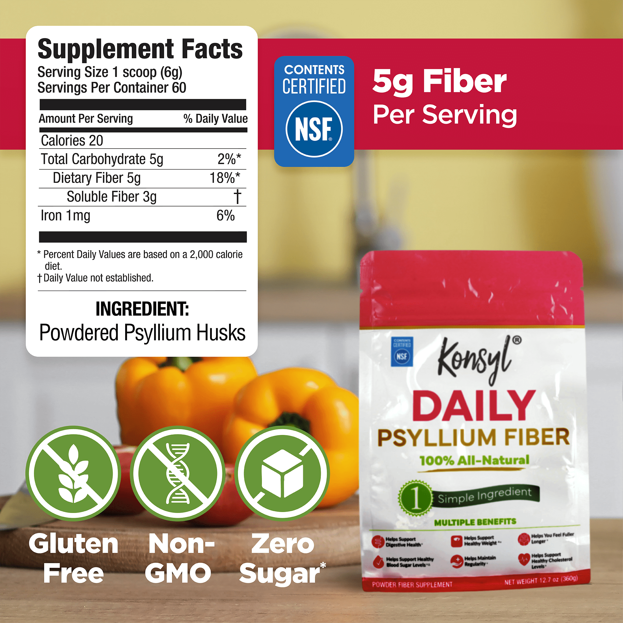 Konsyl Daily Psyllium Fiber Powder, 1 Single Ingredient for Digestive Health, Zero Sugar, 60 Serv.