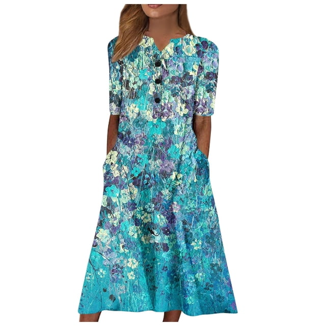 SMihono Robe d'Été Grande Taille pour Femmes 2023 à Col en V à Manches Courtes Robe Imprimée Robe Décontractée avec Poches