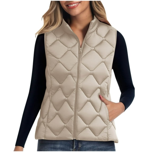 Busydd Womens Vest Warm Comfortable Solid Color Zipper Puffer Vest Casual Sleeveless Winter Vest for Women with Pockets L