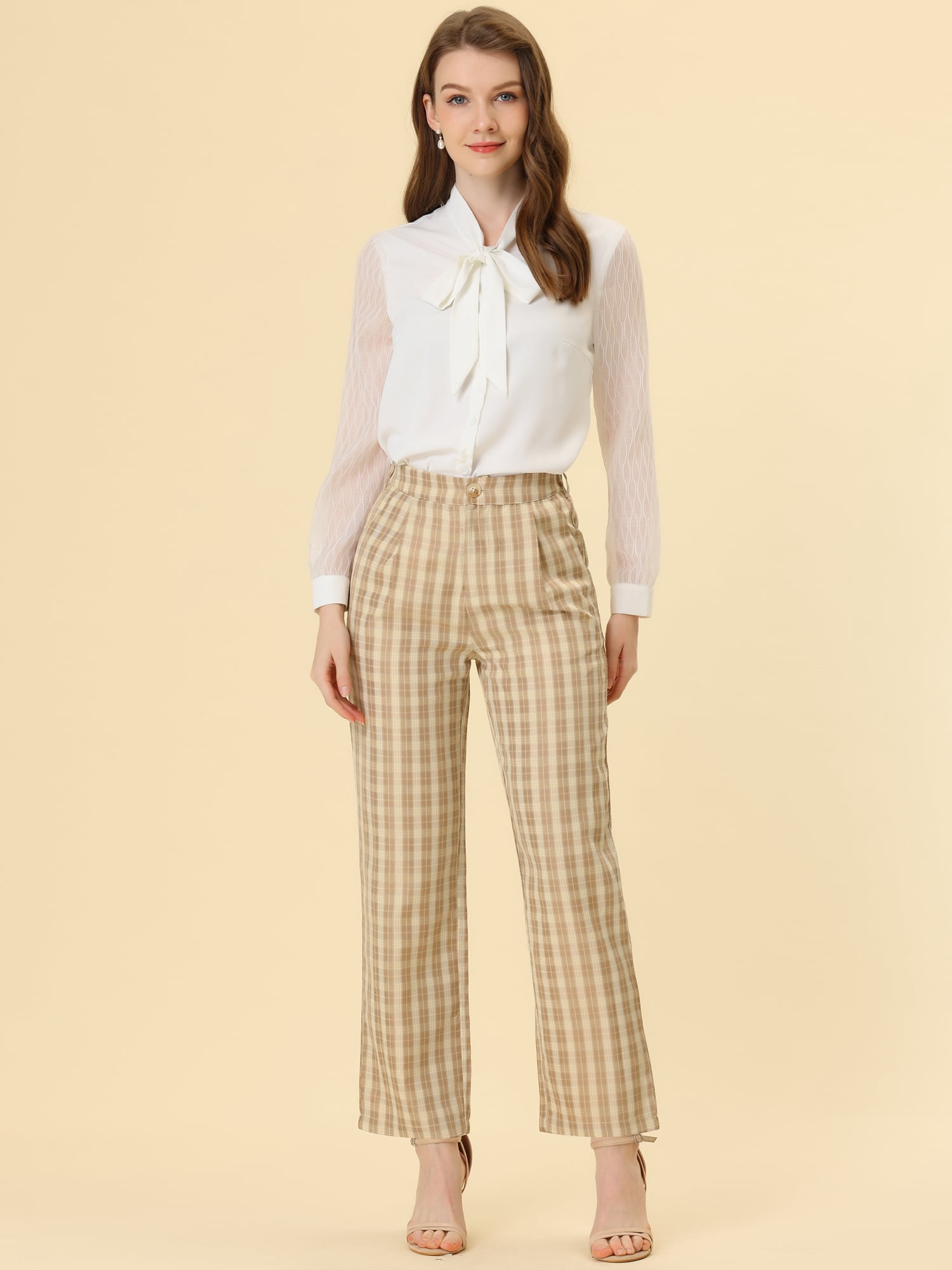 DARING DIVA Women's Plaid Trousers Pockets Straight Leg Casual Pant XS Light Khaki Beige