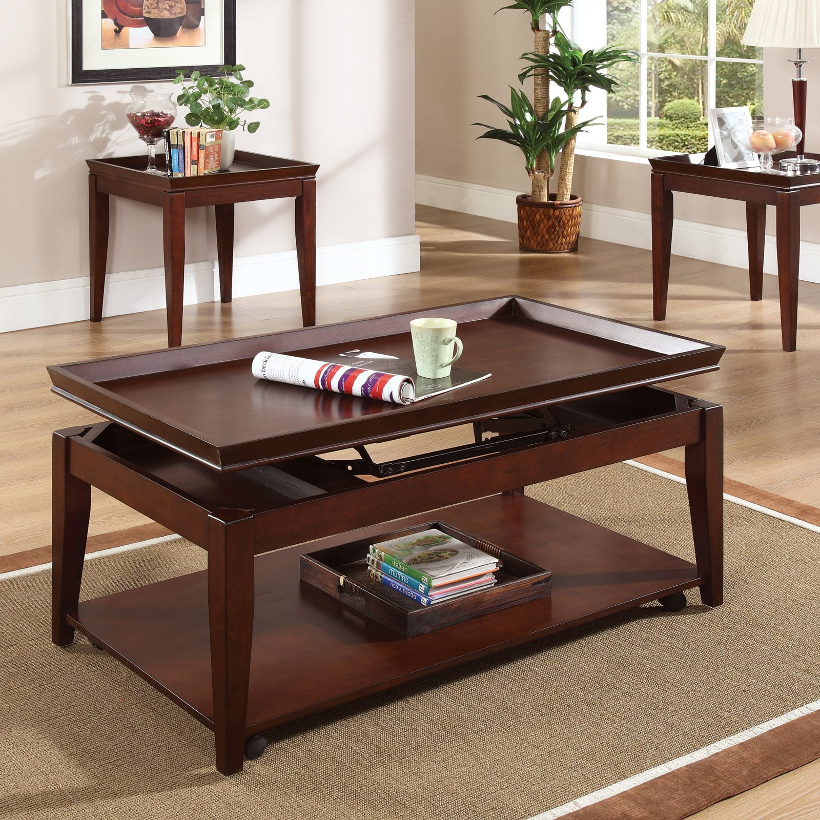 Steve Silver Clemens Rectangular Cherry Wood Lift Top 3 Piece Coffee Table Set Walmart Com Walmart Com