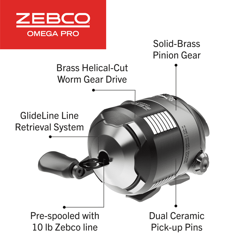 Zebco Omega Pro Spincast Fishing Reel, Size 30 Reel, Dual Ceramic Pick-up  Pins, Solid-Brass Pinion Gear, GlideLine ll Line Retrieval System,  Pre-Spooled with 10-Pound Fishing Line, Braid Ready, Black 