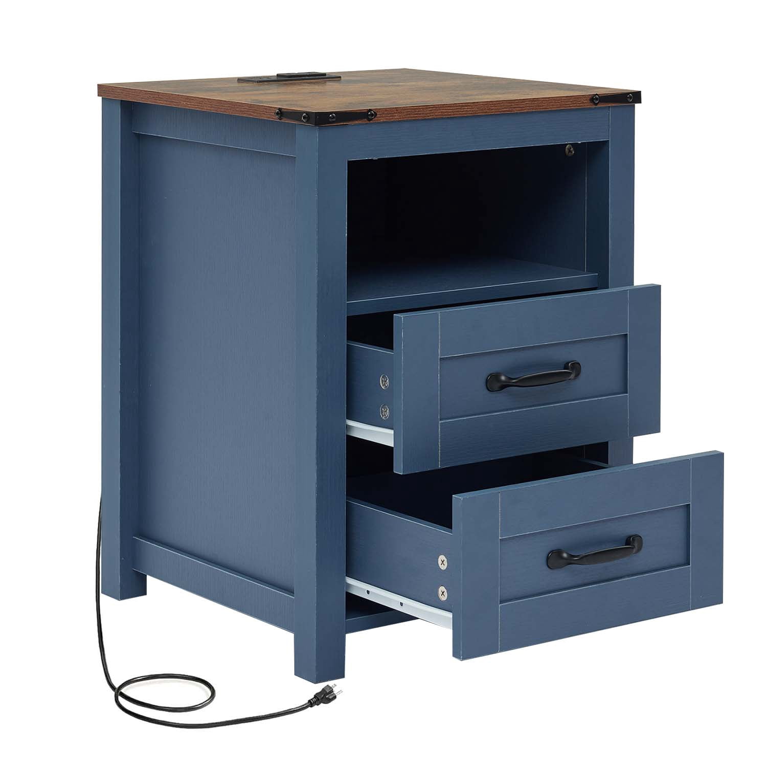 Nightstand with Charging Station,Side Table with 2 Drawers Storage Cabinet for Bedroom, Living Room, Blue