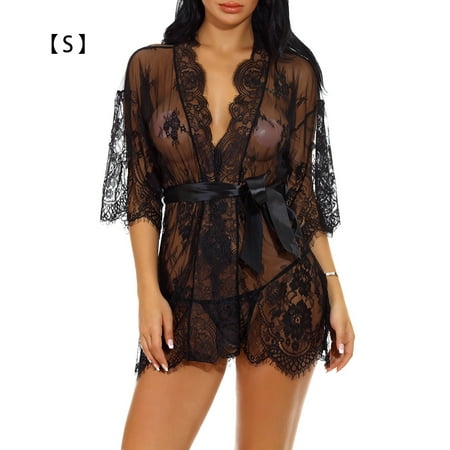 

Women Kimono Nightgown Lace Lingerie Robe Sexy Mesh Nightwear S Black