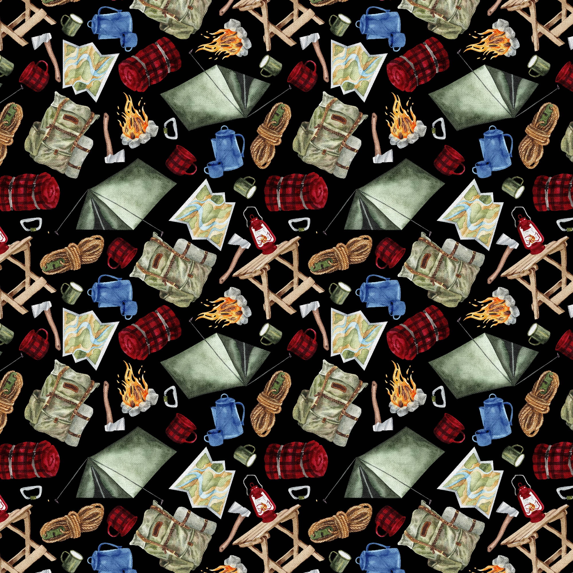 1 Yard 100% Cotton Camping Gear, Multicolor, 42" Wide for Sewing & Crafting by Fabric Editions