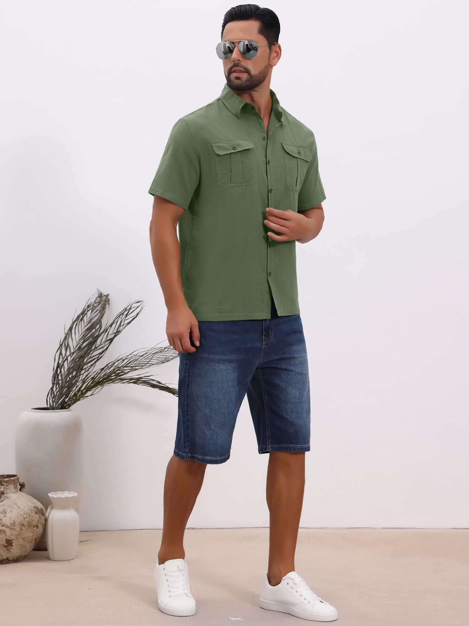 DARING DIVA Men's Solid Color Short Sleeve Button Down Linen Shirt L Olive Green