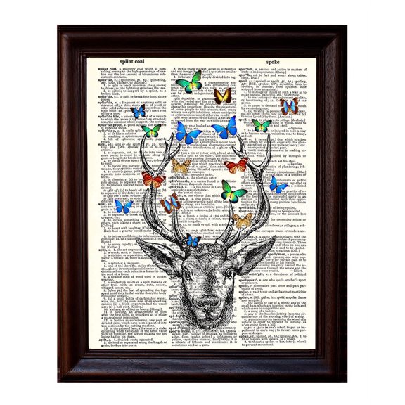 Stag and Butterflies - Dictionary Art Print Printed On Authentic Vintage Dictionary Book Page - 8 x 10.5