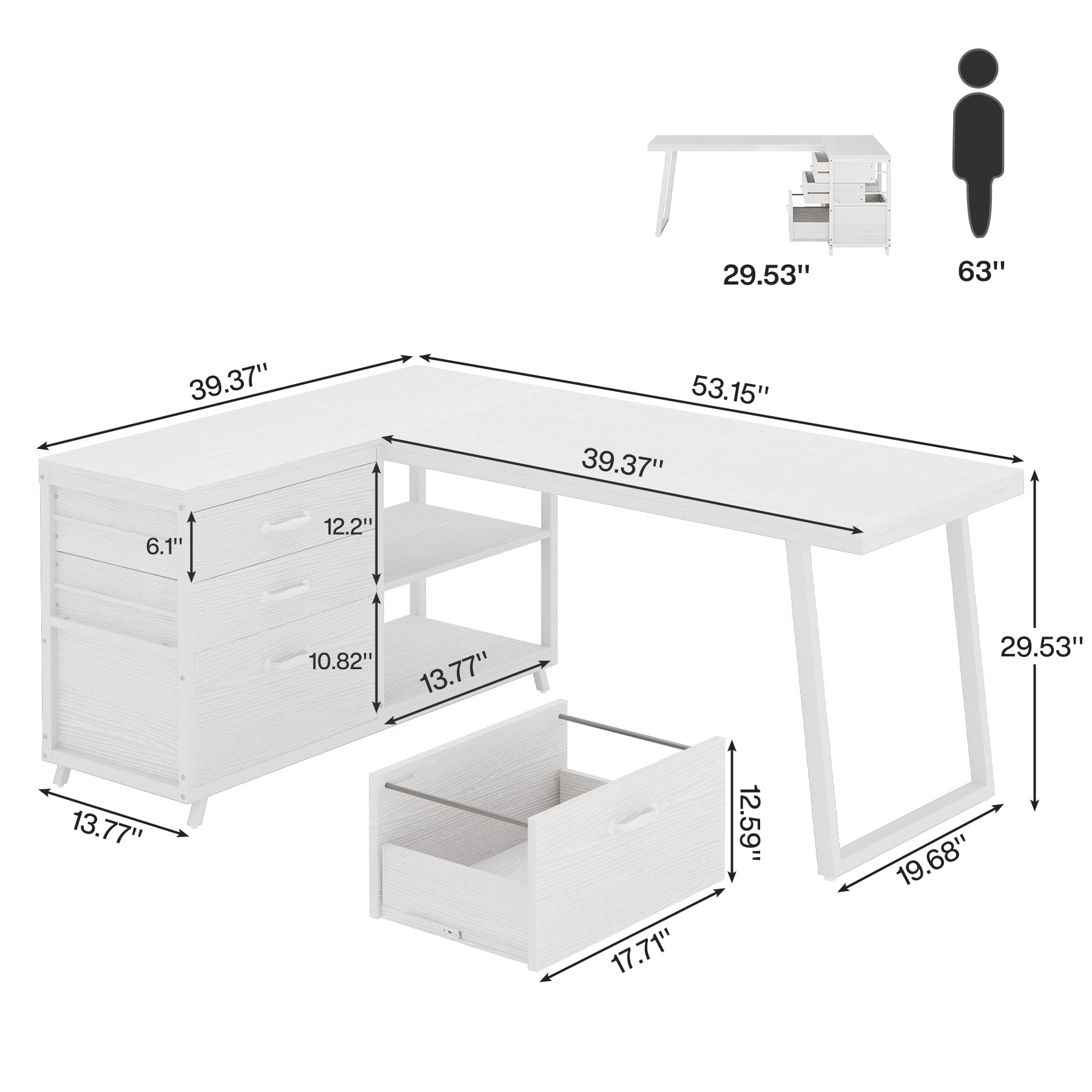 Fnova 53.15" L-shaped Computer Desk with 3 Drawers, Wood Tabletop, Metal Frame Office Desk, White