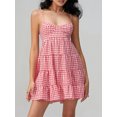 thumbnail image 4 of LMLYSoH Women Spaghetti Strap Cami Dress Plaid Sweetheart Neck Tiered Hem Back Lacing Short Dresses, 4 of 9