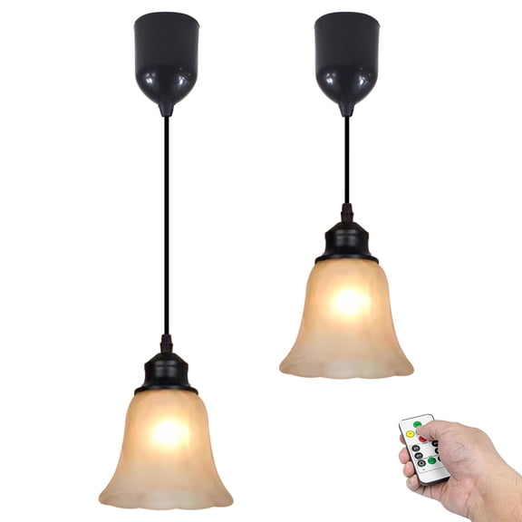 Kiven Battery Operated Pendant Light with Remote Control, Set of 2 Rechargeable Hanging Pendant Light Adjustable Height with Frosted Glass Lampshade for Bedroom Kitchen Home Decor TB3502BN