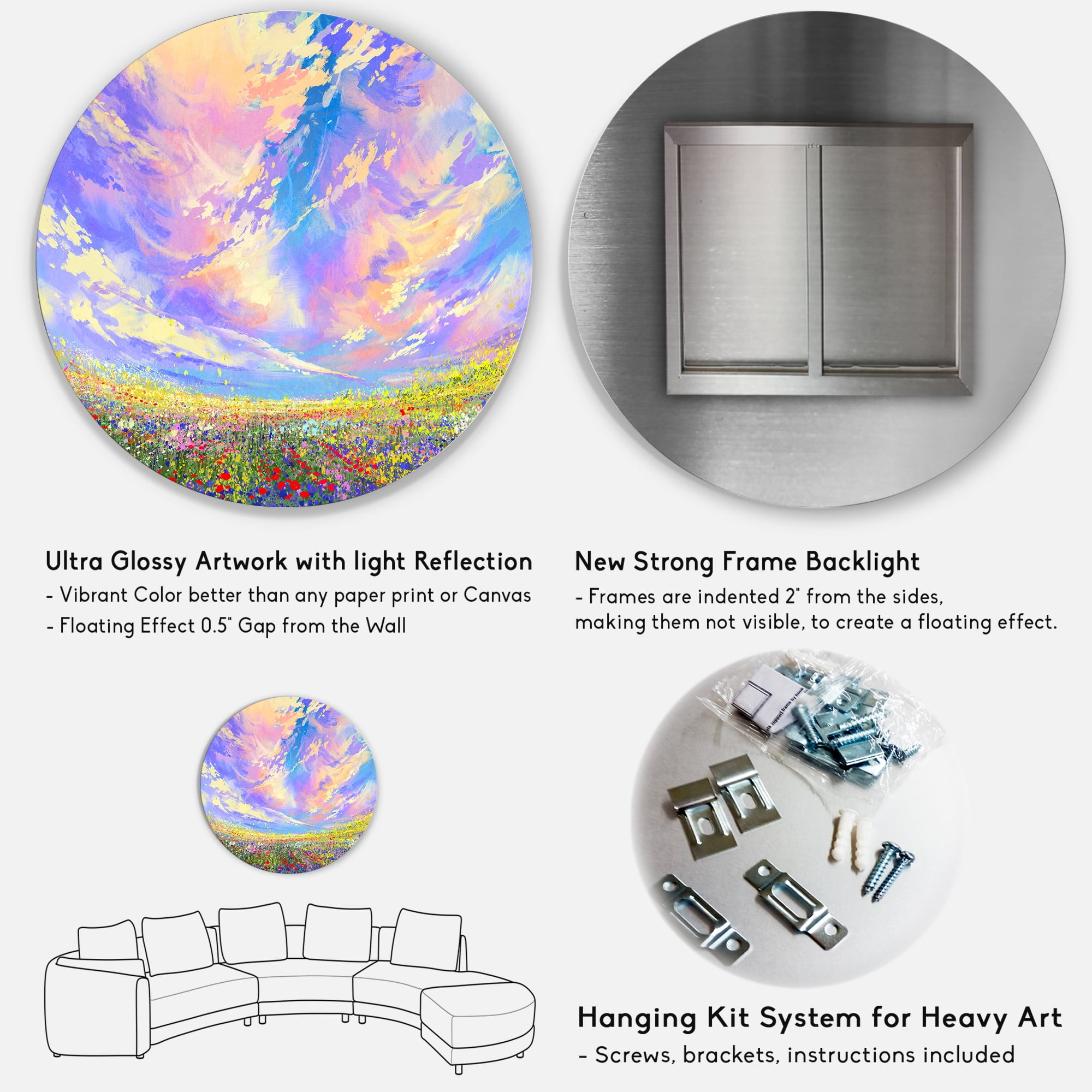 Designart 'Gorgeous Clouds Over Colorful Flowers In Field' Traditional Circle Metal Wall Art 23x23 - Disc of 23