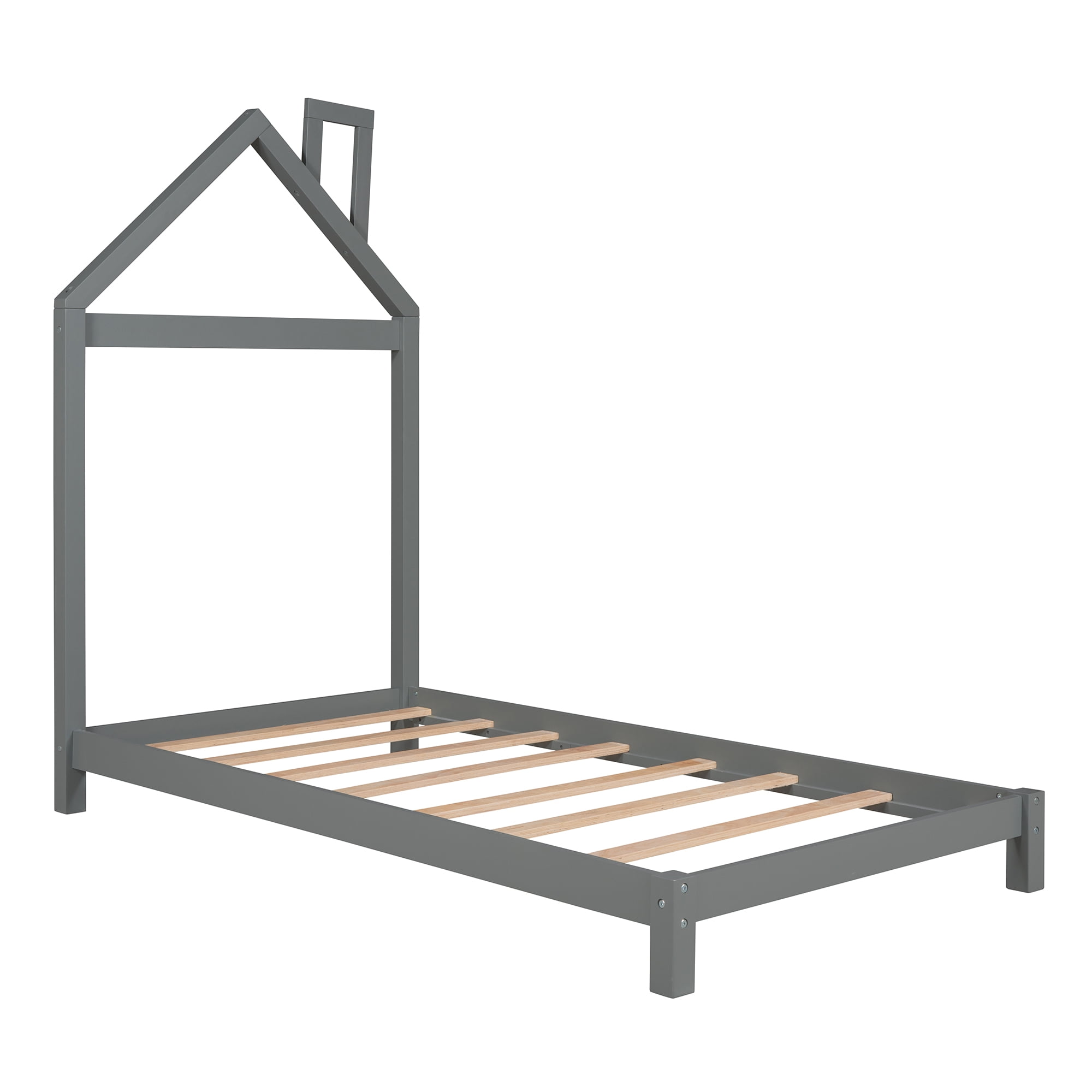 Gewnee Solid Wood Twin Size Platform Bed Frame with House Shaped Headboard for Kids Bedroom,Gray