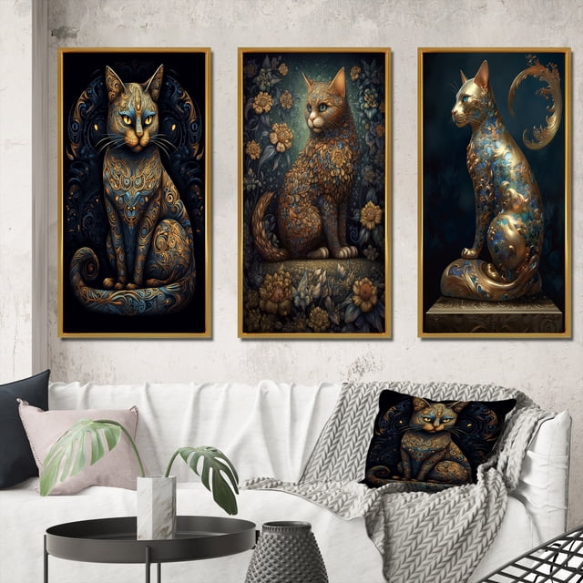 Designart "Glamorous Gold Cat Retro Blue" Animals Cat Framed Wall Art Set Of 3 - Blue Cat Frame Canvas Set For Living Room Decor