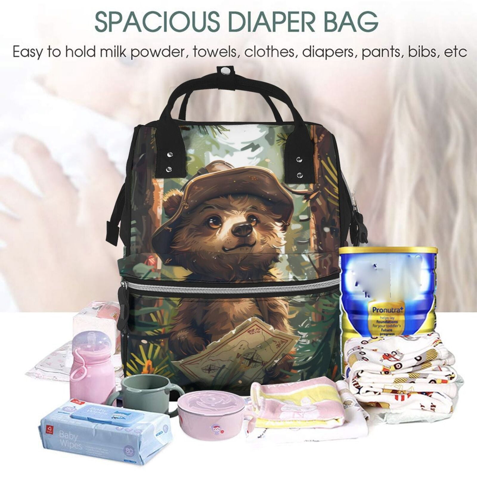 Fuzoiu Jungle Hat Bear Print Diaper Bag Backpack,Baby Essentials Travel Tote,Multi function Waterproof Diaper Bag, Travel Essentials Baby Bag - Unisex