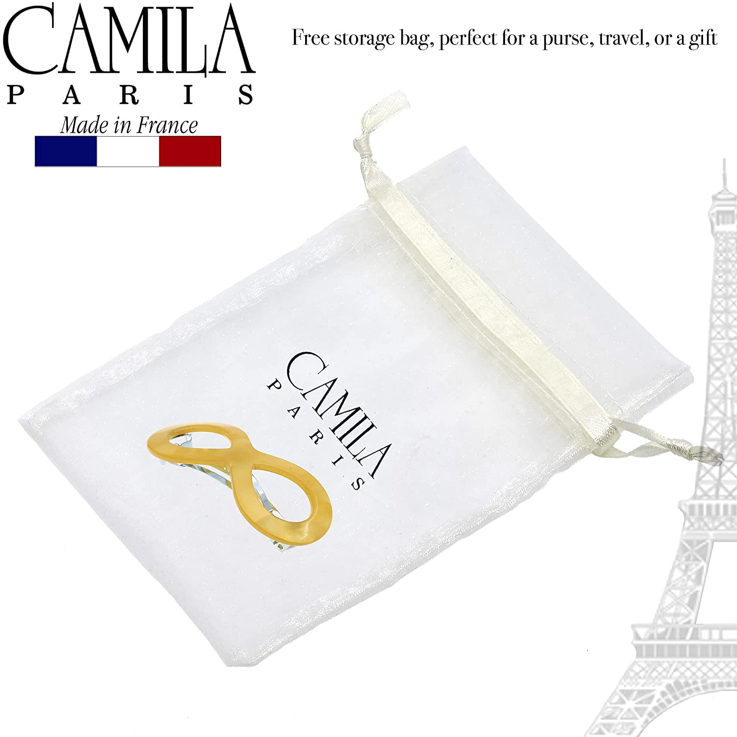 Camila Paris CP3275 French Hair Barrette Clip for Girls, Handmade, Blue, Strong Hold Grip Hair Clips for Women, No Slip and Durable Styling Girls Hair Accessories, Made in France