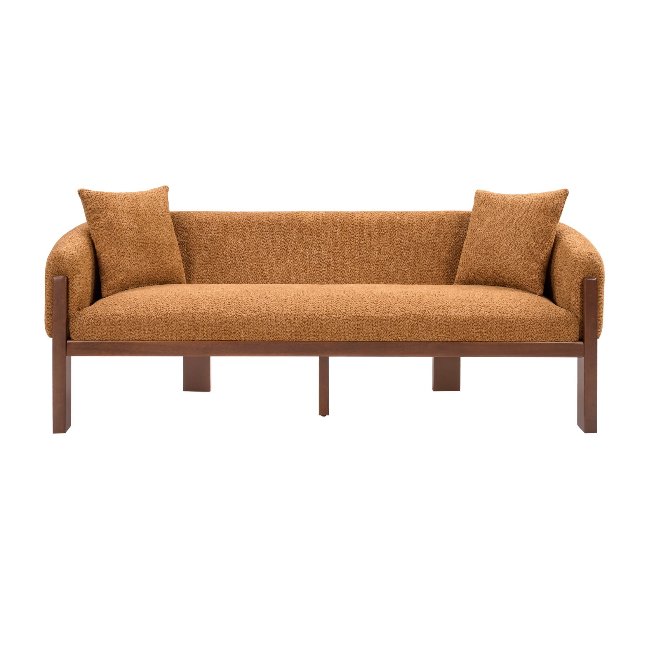 Christopher Knight Home 84.5" Modern Boucle Sofa with Throw Pillows, Seats 3, Wood Legs, Caramel