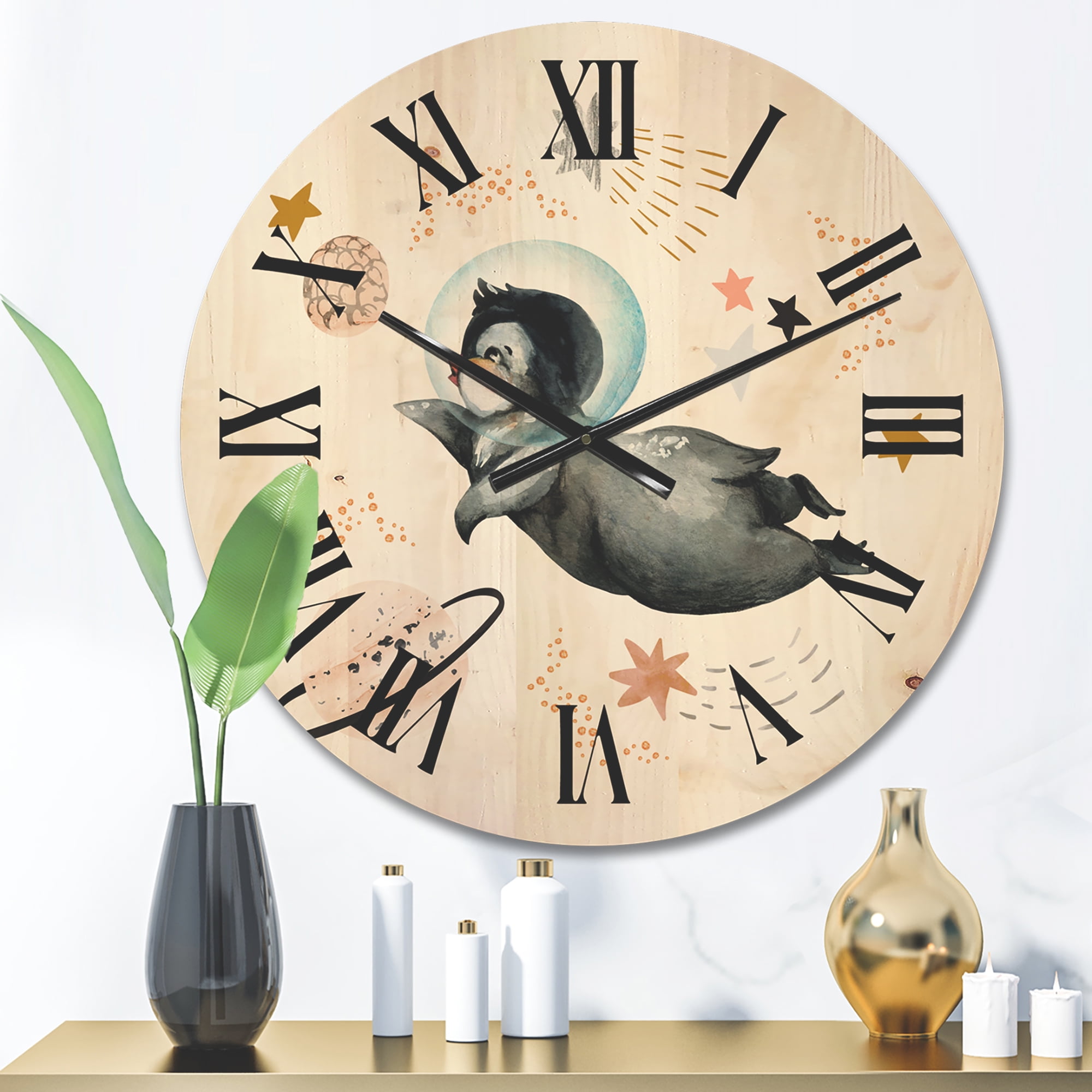 Designart 'Little Penguin Flying Planets and Stars II' Farmhouse Wood Wall Clock