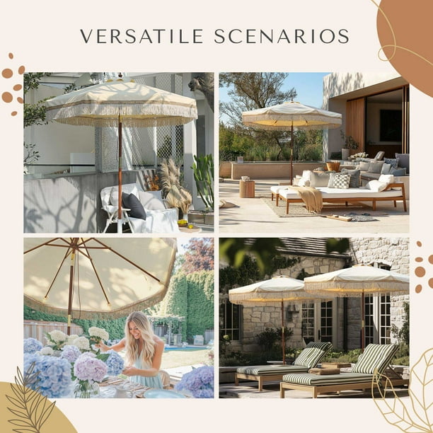 bohemian style patio umbrella Boho Wooden Beige Twisted Fringe 7ft BH7-01P UV protection is provided through a durable 180G polyester canopy that is made to diffuse sunlight 9ft Boho Patio Umbrella Fringe