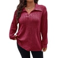 thumbnail image 1 of Suéter de Punto Informal de Talla Grande para Mujer, Cuello en V, Solapa, Color Liso, Camisa de Larga. Vino Tinto 5XL, 1 of 8