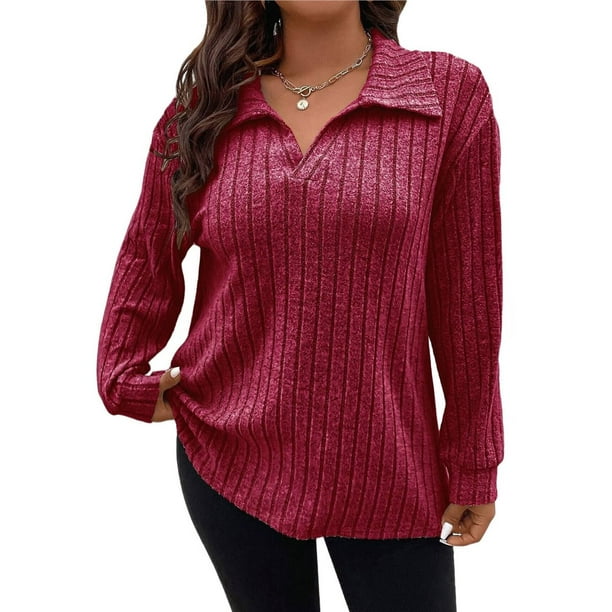 Suéter de Punto Informal de Talla Grande para Mujer, Cuello en V, Solapa, Color Liso, Camisa de Larga. Vino Tinto 5XL