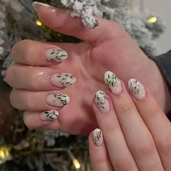 Uñas postizas BMKKOT 24 piezas Navidad almendra con brillo