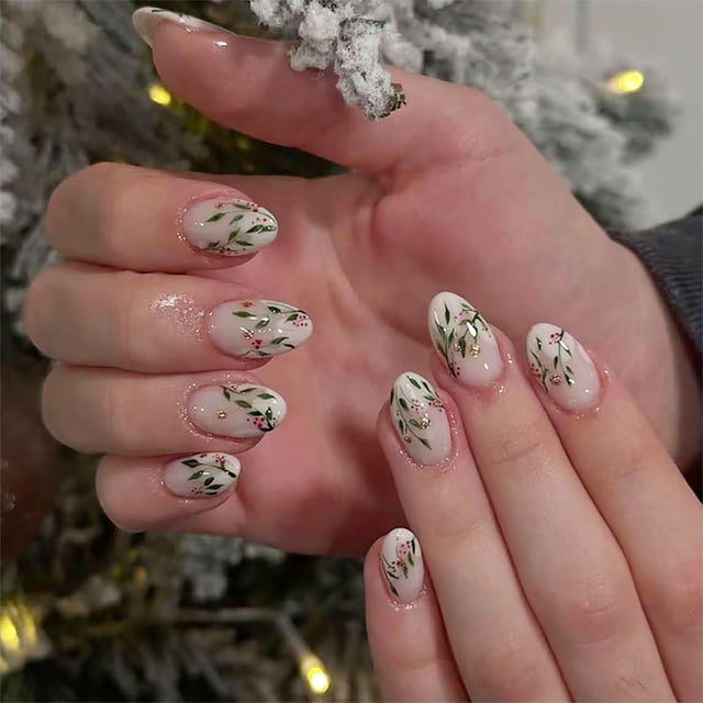 Uñas postizas BMKKOT 24 piezas Navidad almendra con brillo