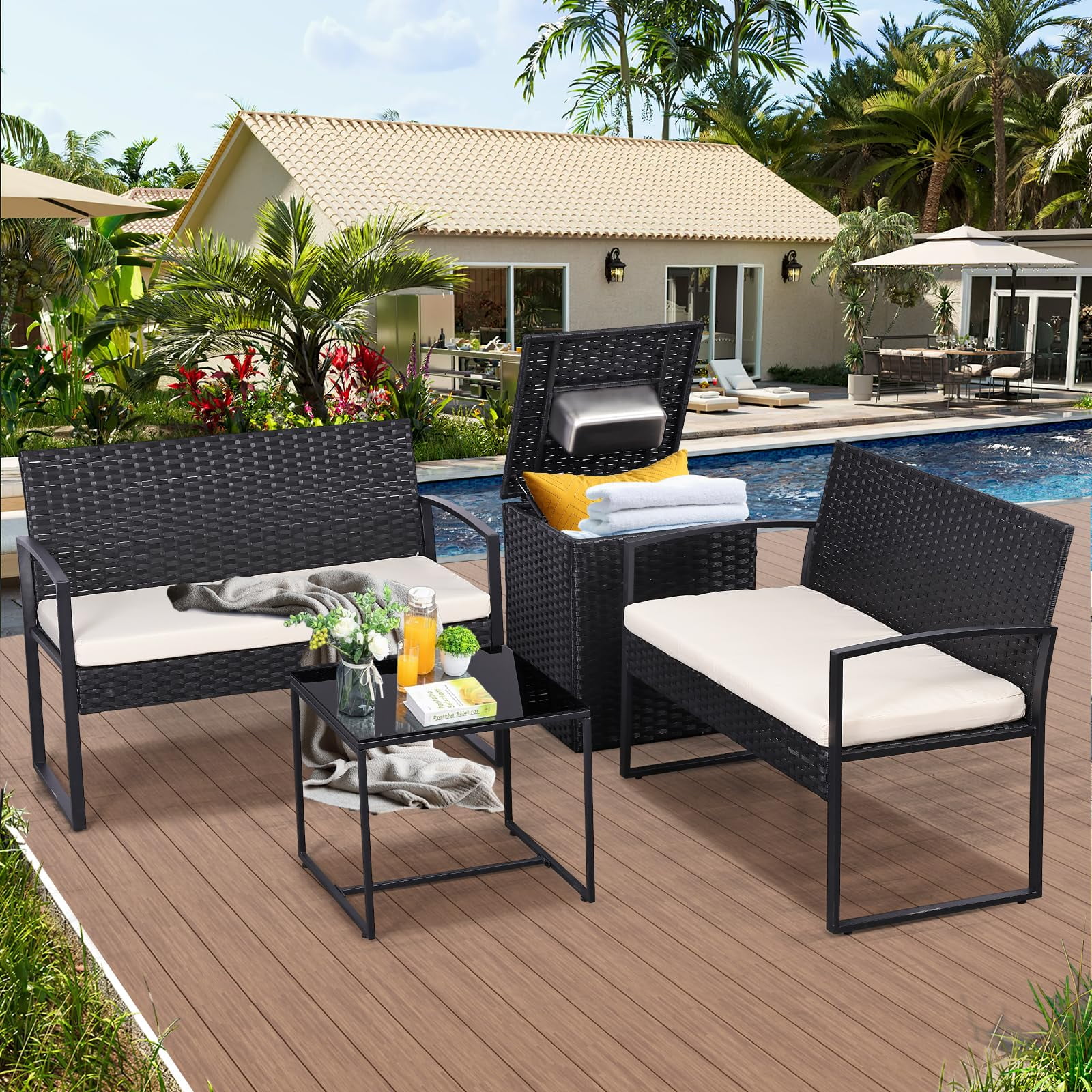 4 Piece Outdoor Patio Furniture Set,Wicker Conversation Sets Patio Sofa Couch with Built-in Beverage Cooler Storage Box & Coffee Table for Outside, Garden, Balcony, Porch,Black/Beige