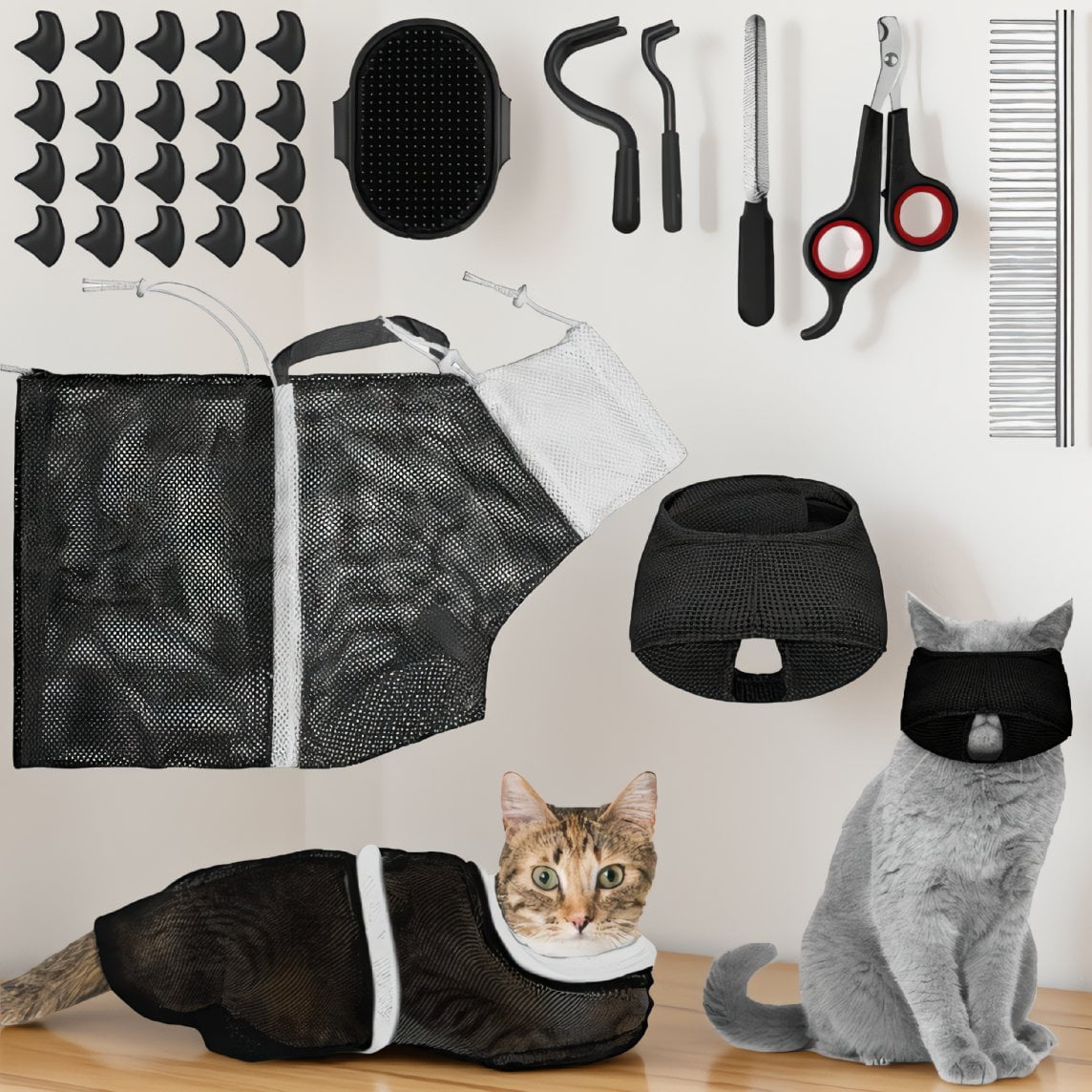 9 Bathing Bag Set with Clipper Comb Muzzle Bathing Brush Tick Remover for Pet Black