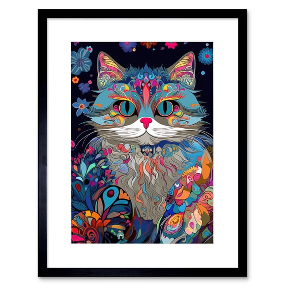 Alice in Wonderland Original Cheshire Cat Colourful Psychedelic Floral Pattern Artwork Framed Wall Art Print 9X7 Inch