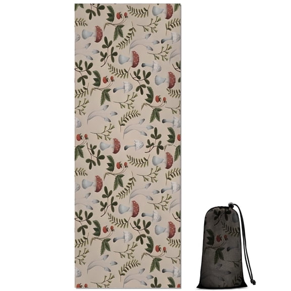 Red Mushroom Berry Leaf Beige Pattern Hot Yoga Mat Towel Non Slip for Hot Yoga - Quick-Drying Yoga Mat Cover with 4 Corner Pockets with Travel Bag - Hot Yoga Towel Non Slip 70"x26"