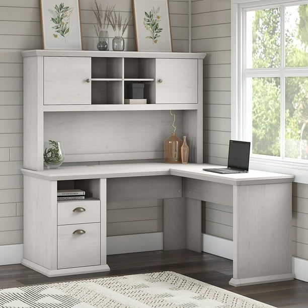 Bush Furniture Yorktown 60W L Shaped Desk with Hutch, OffWhite