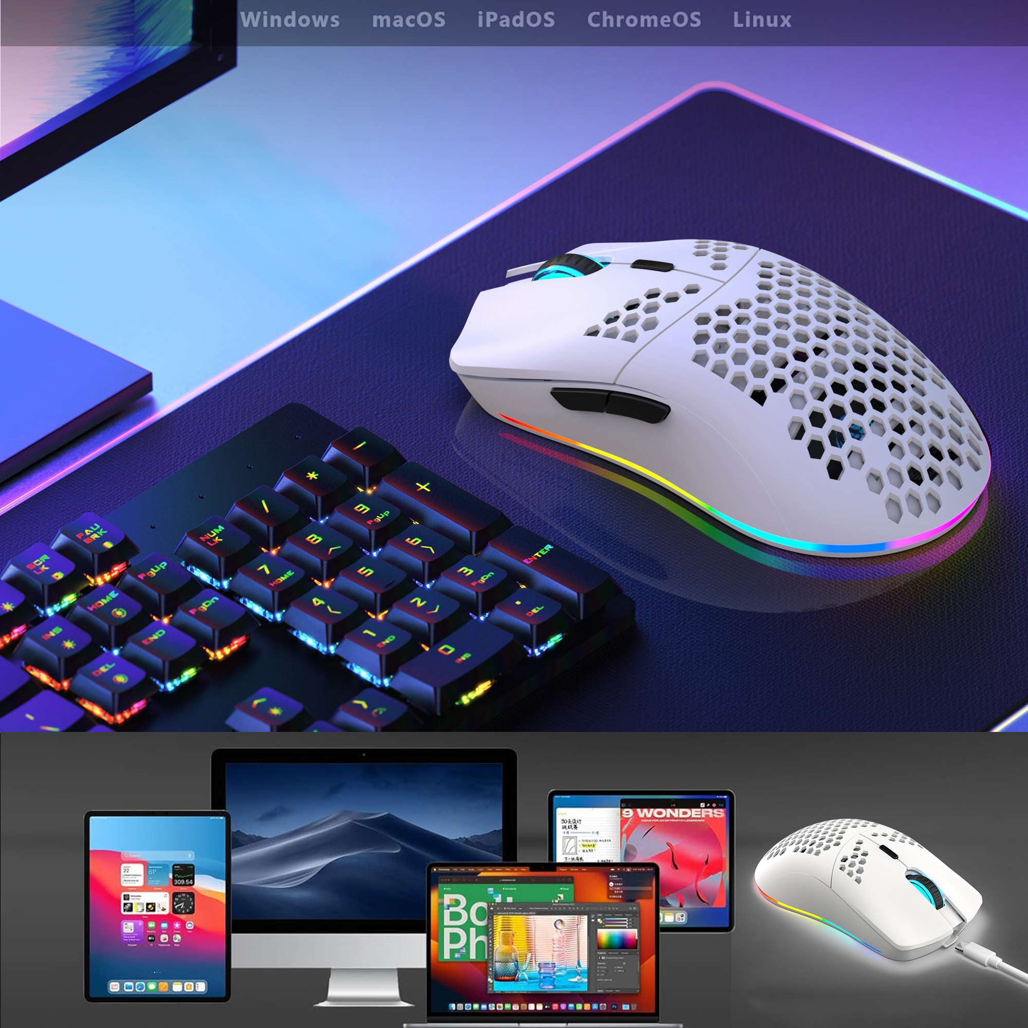 Hexamurby Ultralight Wireless Gaming Mouse,6 Kinds RGB Backlit,5 Levels Adjustable,Lightweight Honeycomb Shell Mice for PC Gamers(White)