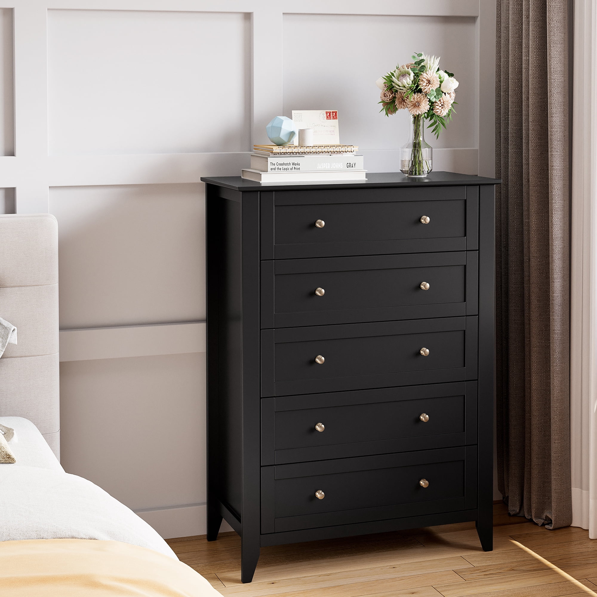 Homhougo Dresser for Bedroom Black with 5 Drawers, Tall Wood Organizer Storage Cabinet with Round Handle, Chest of Drawers for Closet, Living Room, Hallway, Nursery, Kids Bedroom
