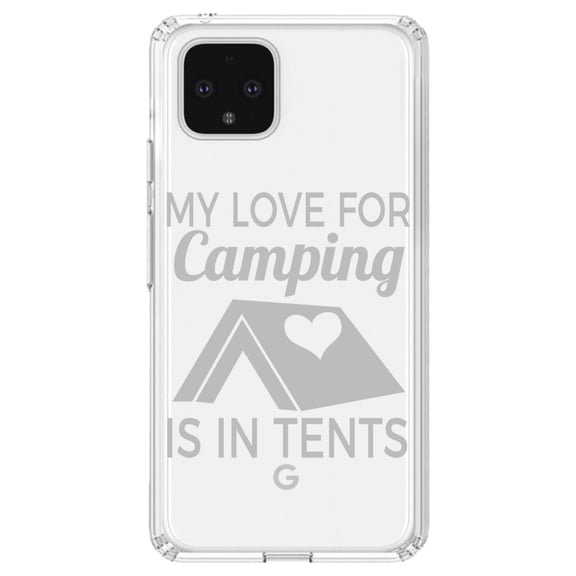 DistinctInk Clear Shockproof Hybrid Case for Google Pixel 4 XL (6.3" Screen) - TPU Bumper Acrylic Back Tempered Glass Screen Protector - My Love For Camping is In Tents