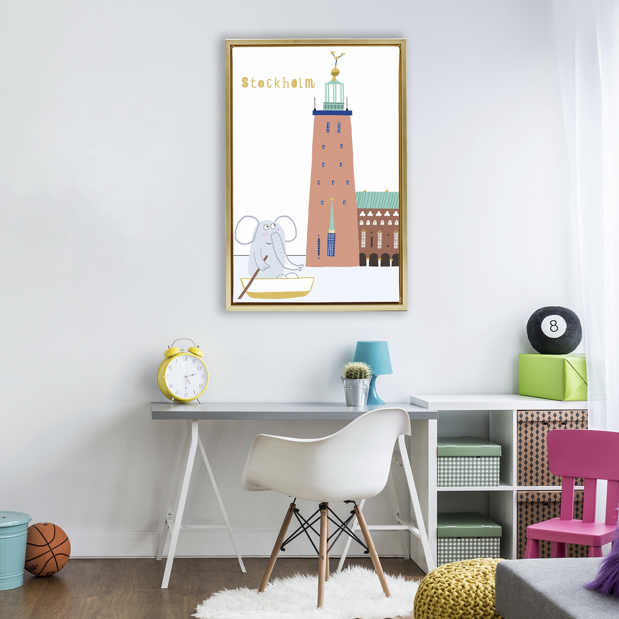 Elephant in Stockholm Boat Gold Framed Floater Canvas Wall Art, design by Carla Daly