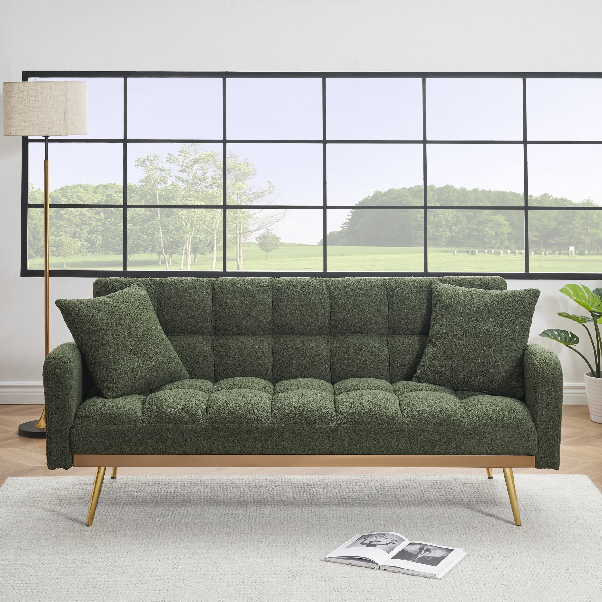 Convertible Futon Sofa Bed,69 Inch Modern Teddy Loveseat Sofa Couch with Adjustable Backrest for Small Space,Living Room,Green