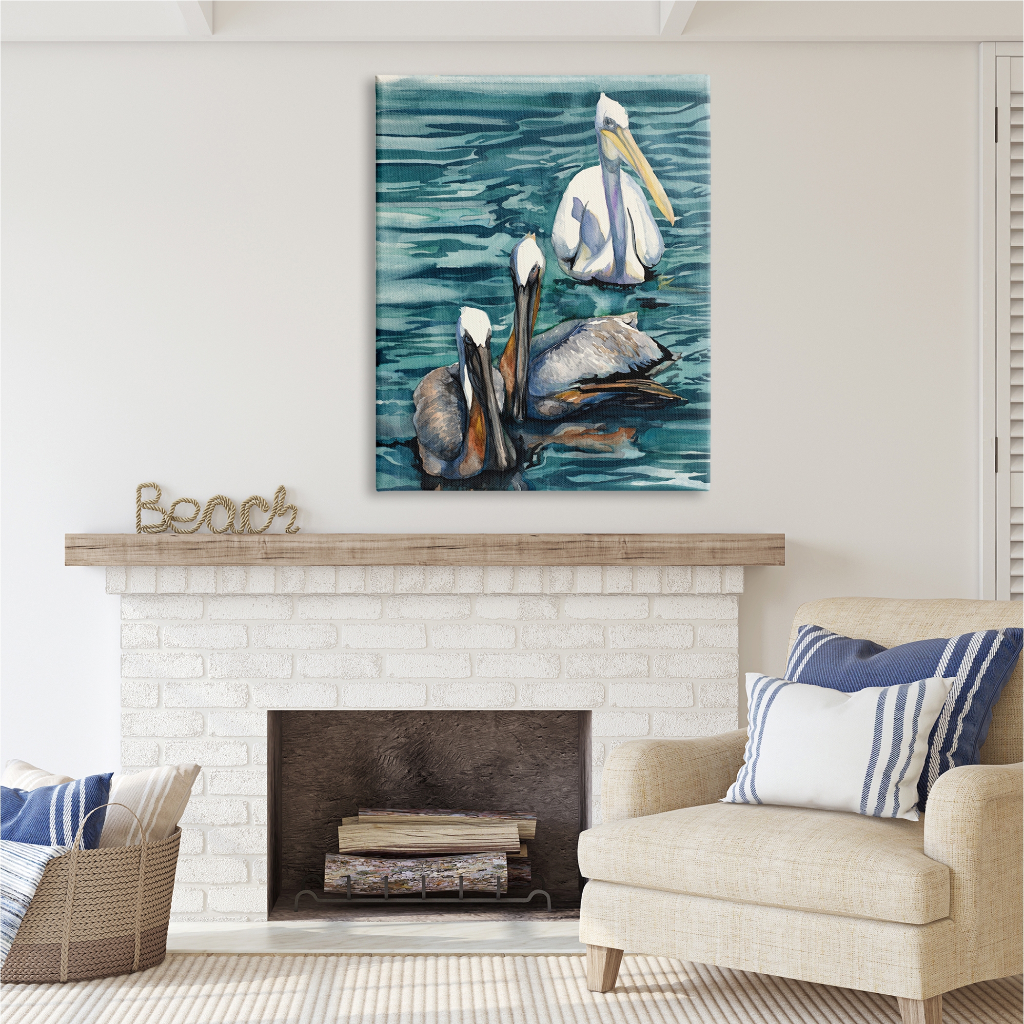 Stupell Industries Pelicans at Sea Painting Animals & Insects Painting Gallery Wrapped Canvas Print Wall Art, 36 x 48