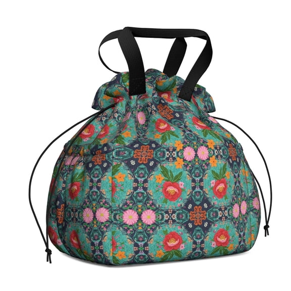 Pioneer Flower Floral Print Pattern Drawstring Lunch Bag Women - Drawstring Lunch Bag Insulated for Work Office - Stain-Resistant Large Lunchbags for Women with Multi-Pockets