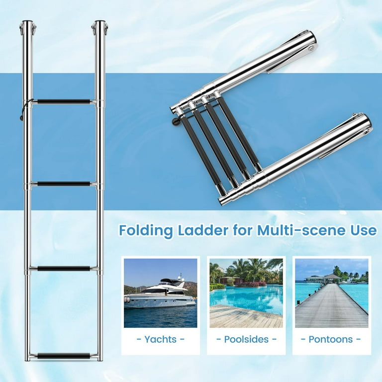 4 Steps Pontoon Boat Ladder, 304 Stainless Foldable Reinforce Dock Ladder Heavy Duty Swim Deck Ladder, Swim Deck Swiming For Marine Boat Yacht Swimming Pool Withstand 900lbs
