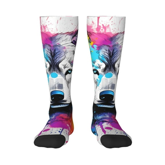 Vsdgher Cool Colorful Wolf Print Thigh High Socks Extra Long Stretchy Sock Women Over Knee High Opaque Stocking Daily Wear
