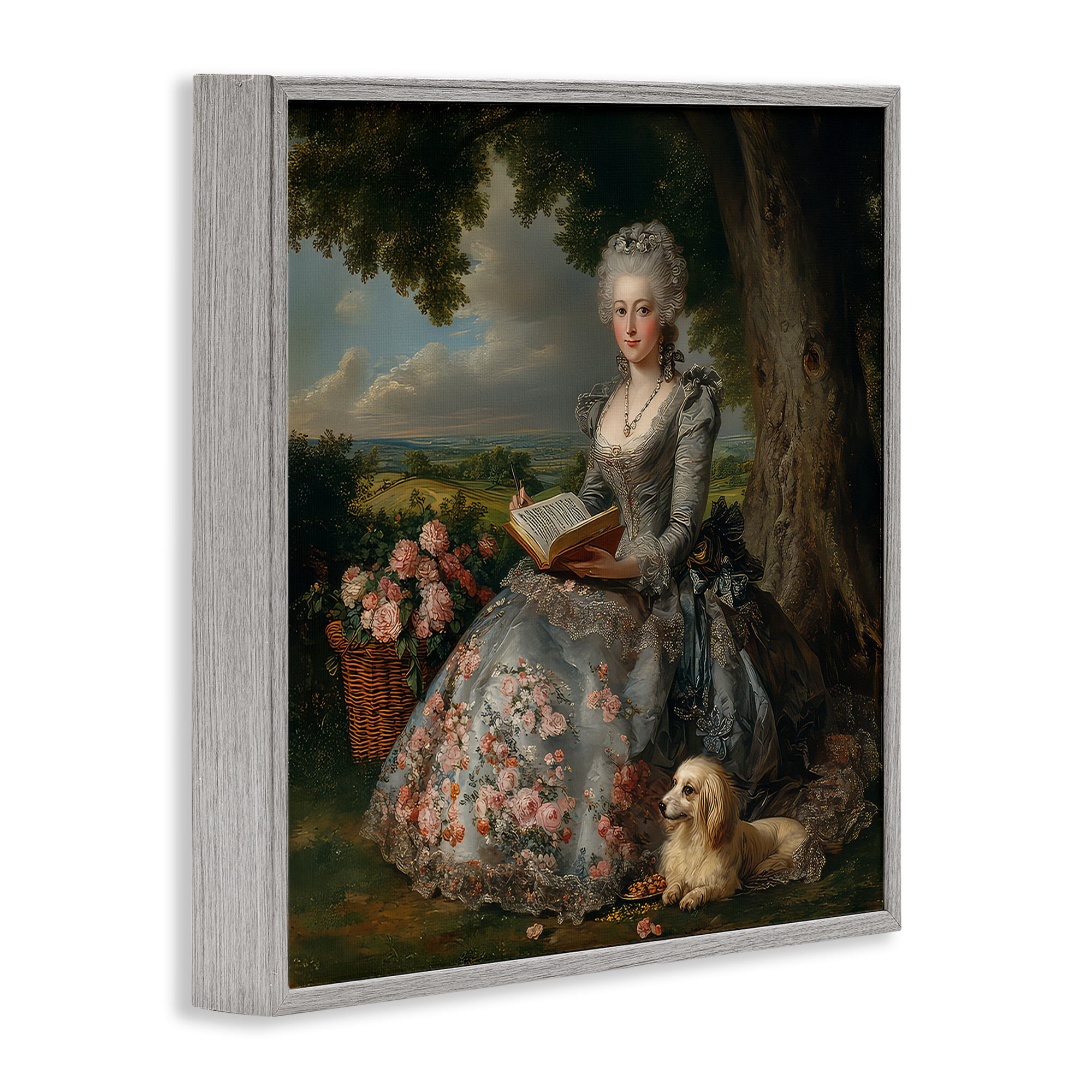 Stupell Industries Reading Rococo Lady with Dog Gray Framed Giclee Art, design by The Wands Want