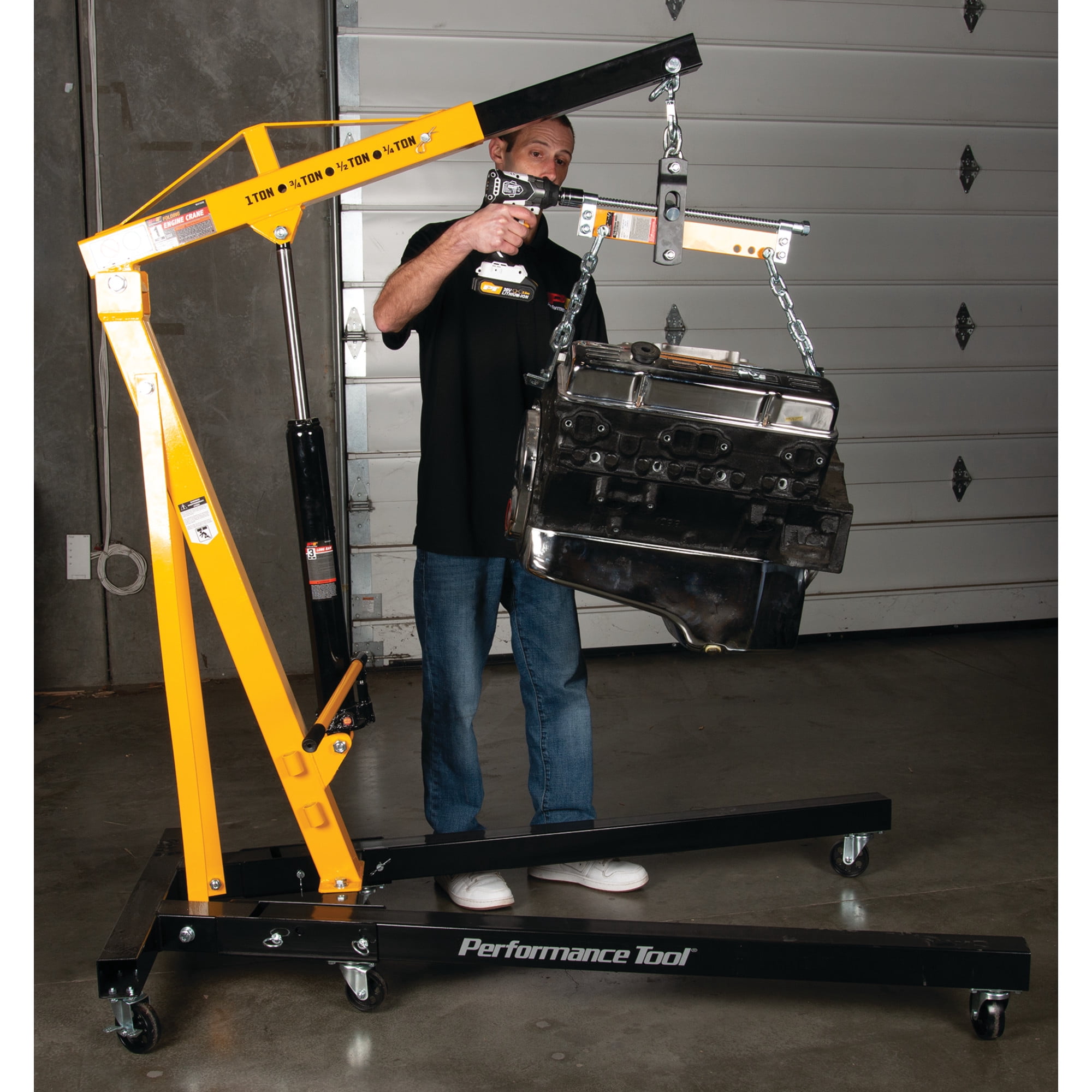 Performance Tool W41049 1-Ton Foldable Shop Crane - Fold-Up Legs, 2,000-Lb. Capacity, Load-Limiting Safety Valve, Yellow