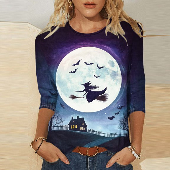 Halloween Shirts Women's Printed Crew Neck Three-Quarter Sleeve Loose T-Shirt