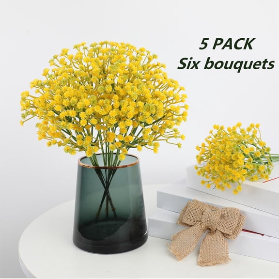 FEOLGEHLY 5 Pack Artificial Flowers Bulk, 6 Bouquets Faux Gypsophila for Wedding Bouquets, Bridal Decorations and Home Decor, Realistic Long-Lasting Fake Flowers, Bendable Stems, 11.4 Inch, Yellow