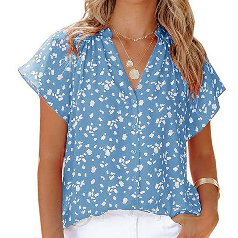 Shirts for Women Summer Causal Printing Blouse Button Short Sleeve