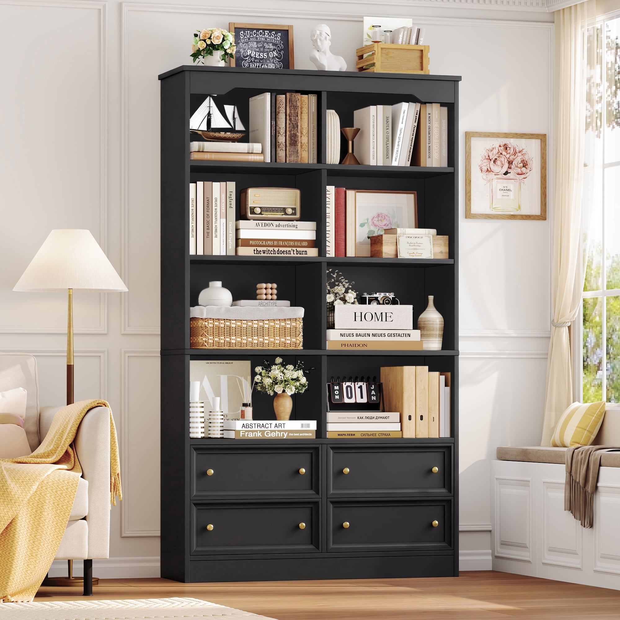 Homfa Double Row 6 Tier Bookcases, 71 in Tall Bookcase Bookshelf with 4 Drawers and 8 Display Cubicles, for Home Office Living Room, Black