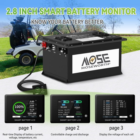 36V 105Ah Golf Carts LiFePO4 Battery Bluetooth,with Smart Battery Monitor APP,RV Boat Solar Lithium Battery,200A BMS,15000 Deep Cycles