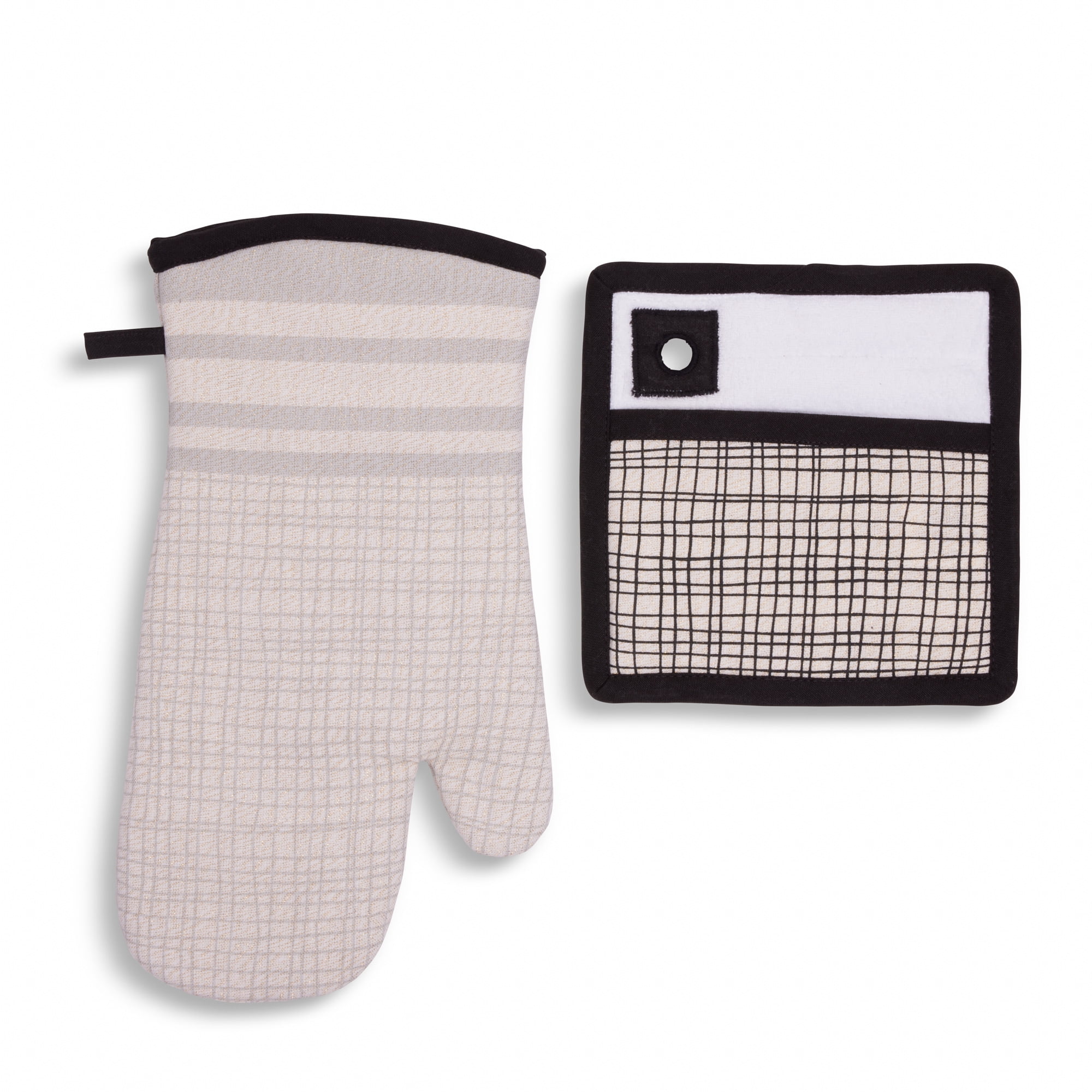 Thyme & Table Oven Mitt and Potholder Set, Cream & Black Crosshatch, 2-Piece Set
